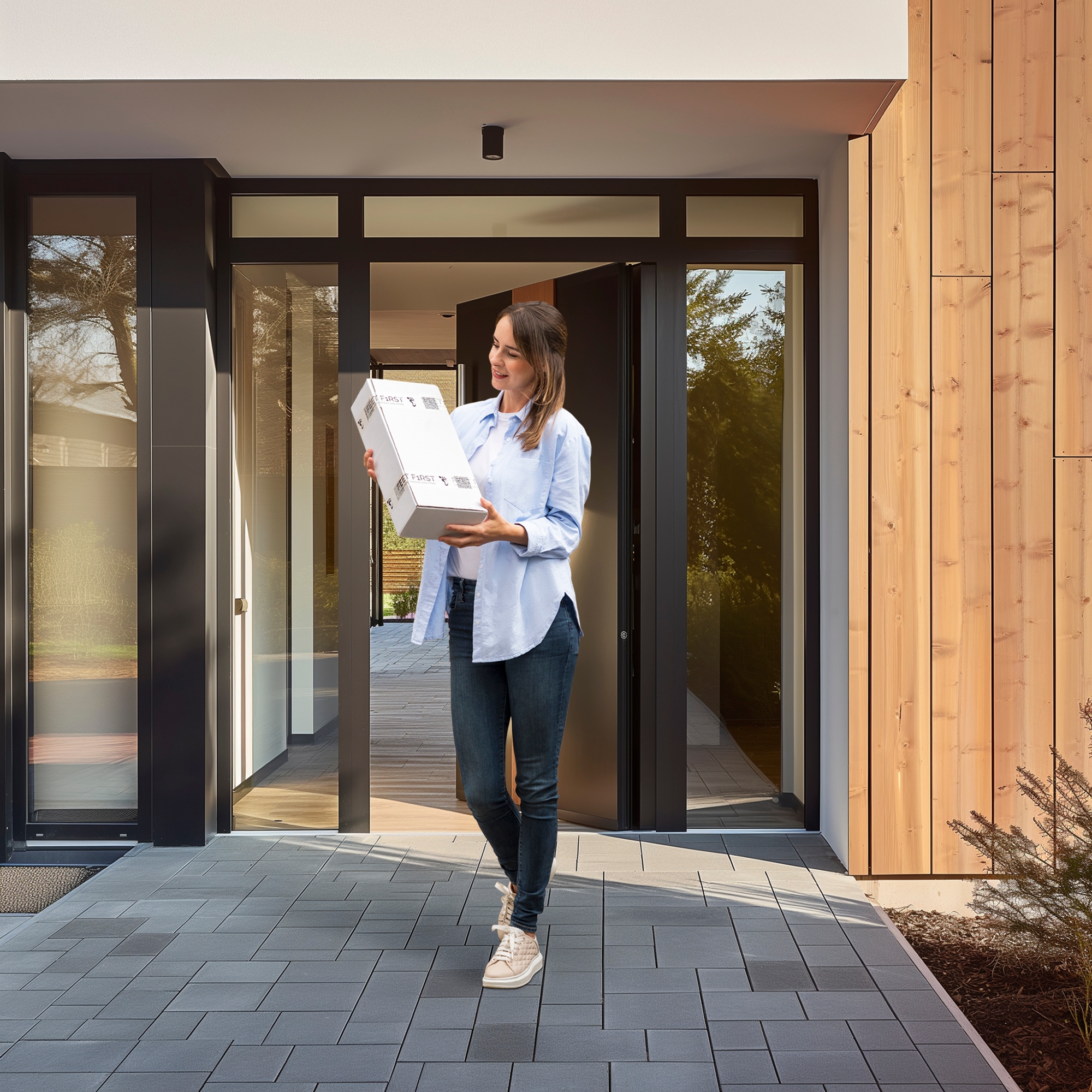 A person holding a shoebox